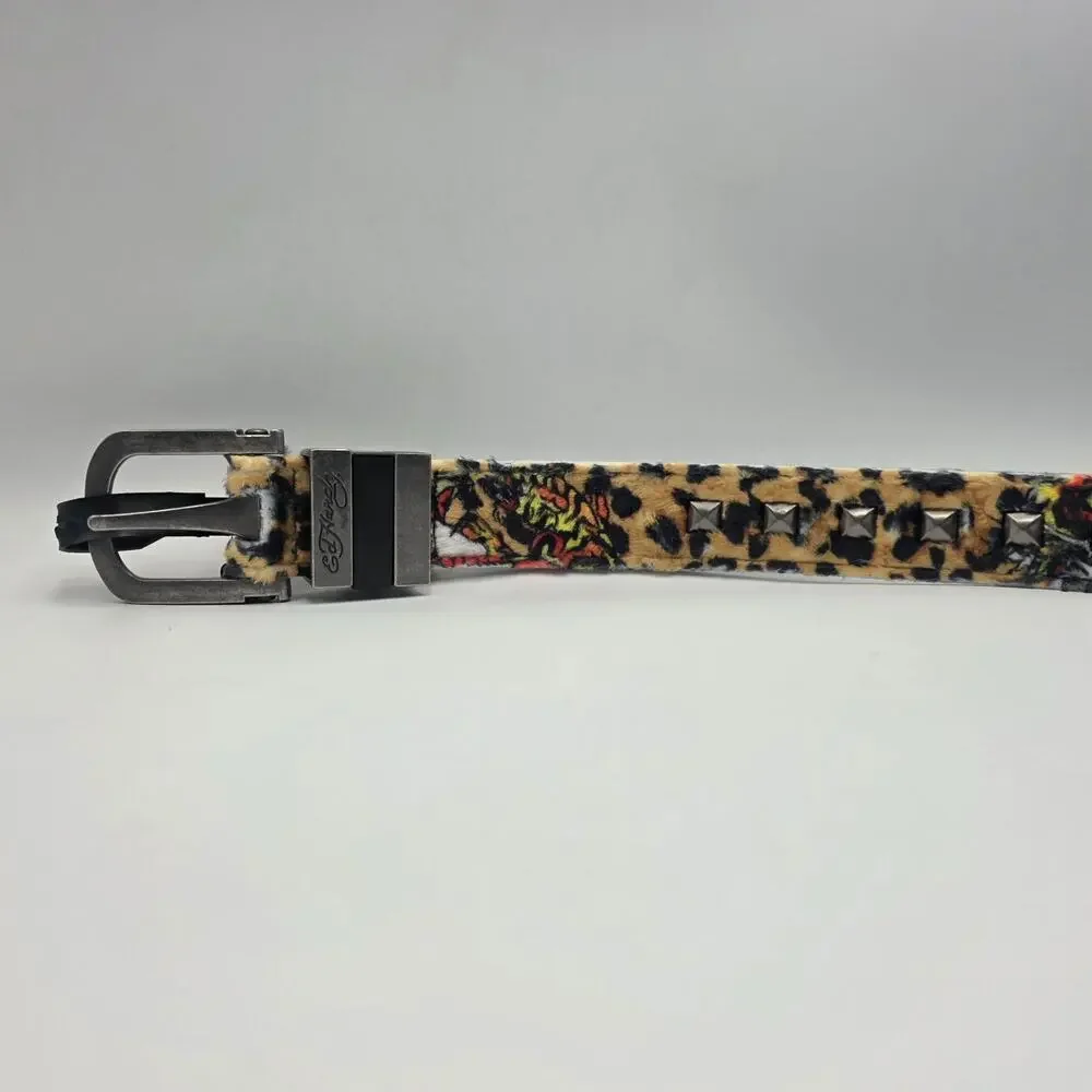 Ed Hardy Men's Size 34 Faux Fur Belt Leopard Print Plush Studded New